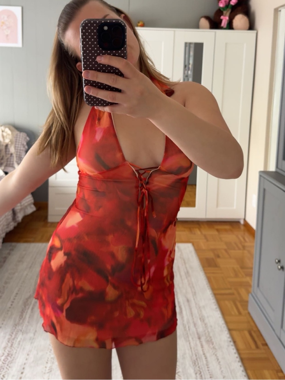 Red floral halter neck mini dress